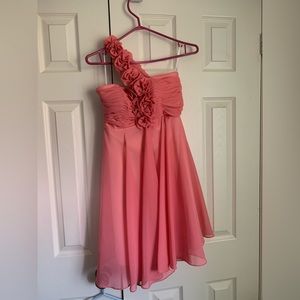 One shoulder floral strap & pleated bust Chiffon cocktail Dress in Coral-Size S